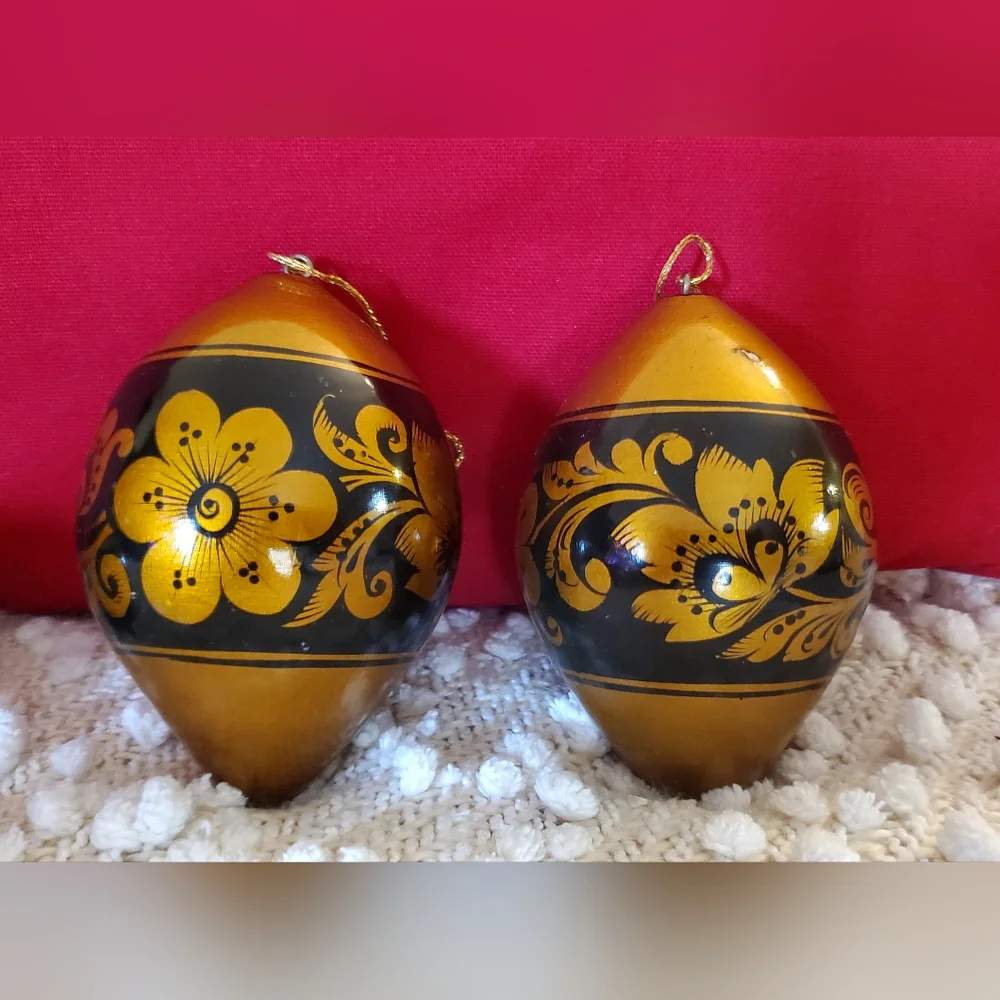 Vntg Russian "Khokhloma" Wooden, Hand Painted Christmas Ornaments, 8 Blk/Gold - Picture 4 of 16